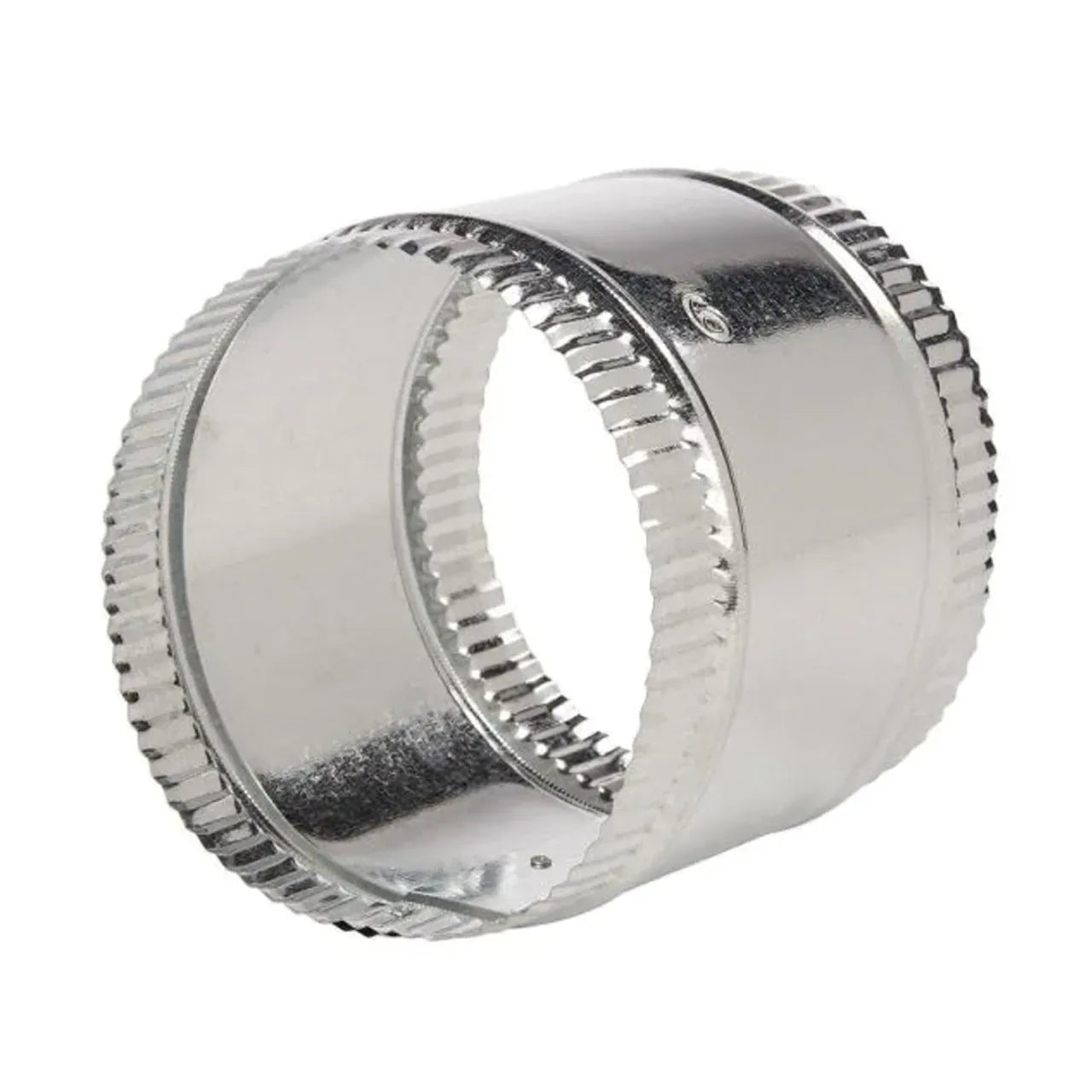 A shiny silver, cylindrical pipe cutter with ridged edges precisely cuts pipes for projects like installing the Go Build 6 in. Flexible Duct & Sheet Metal Connector Splice Collar, The Fastest Way To Build.